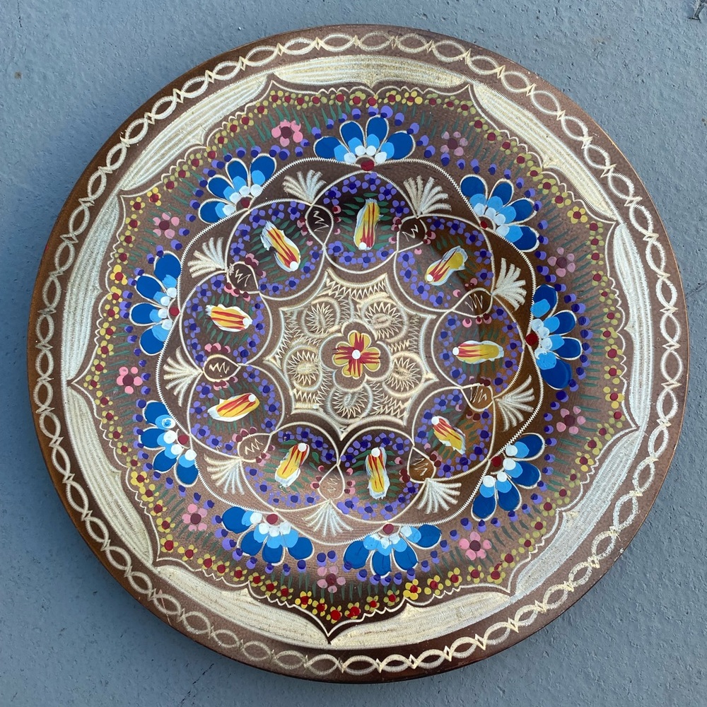 Hand painted and etched brass plate
